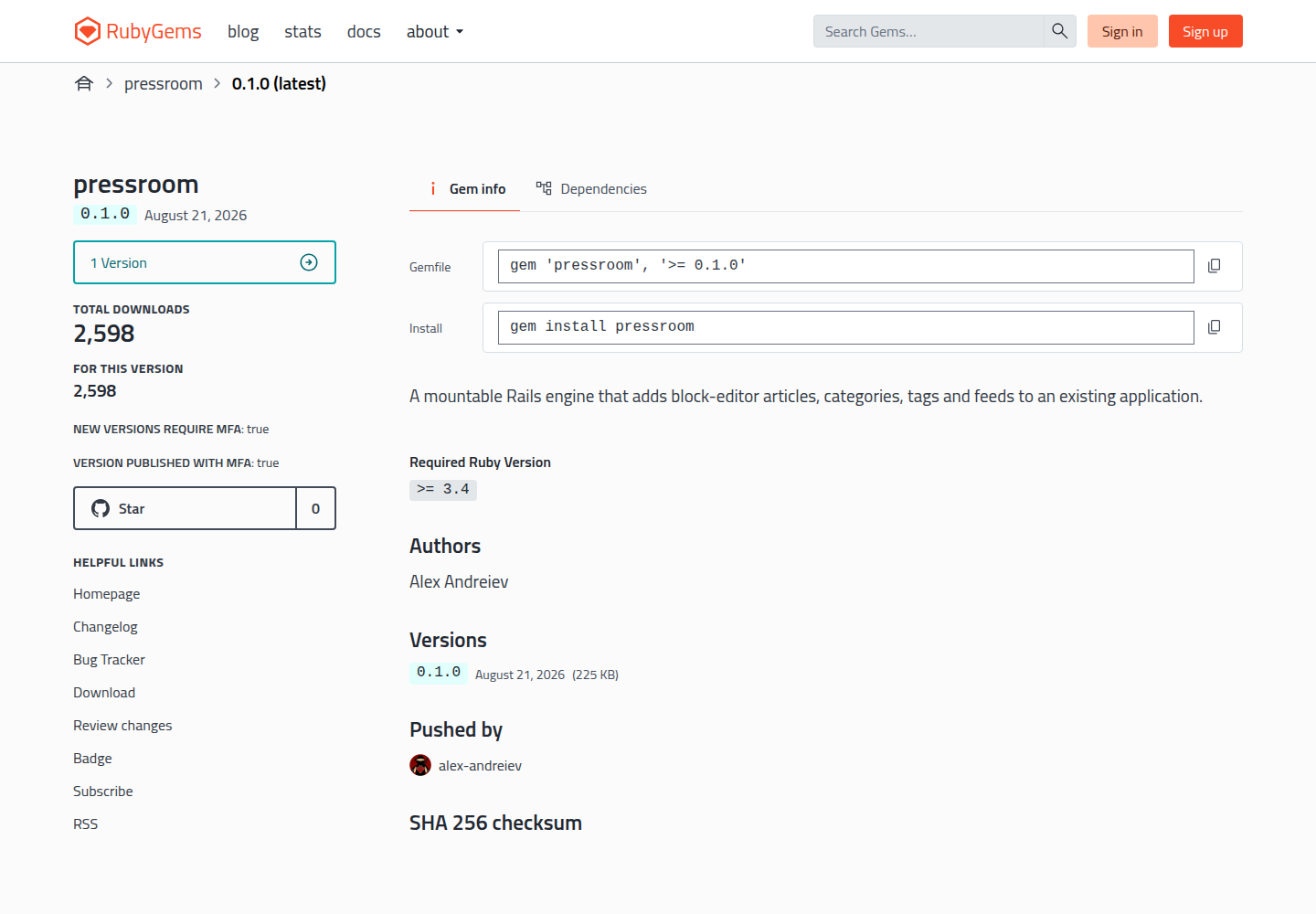 Pressroom RubyGems package page screenshot