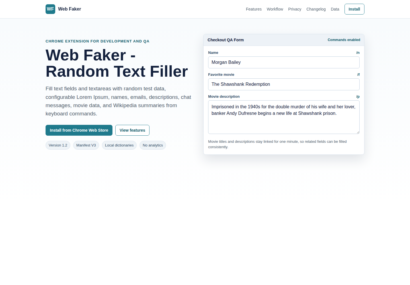Web Faker landing page screenshot